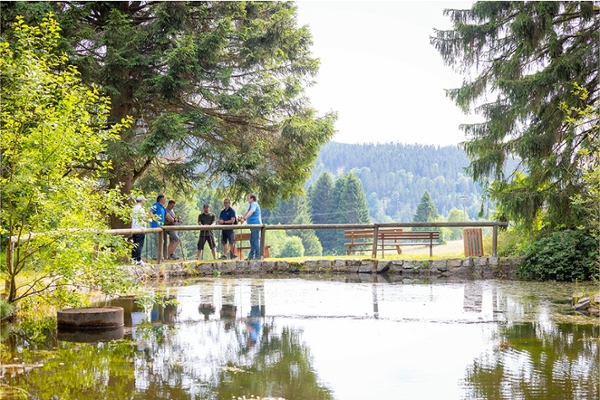 Mehrere Männer mit Walking-Stöcken machen eine Pause an einem Teich im Wald.